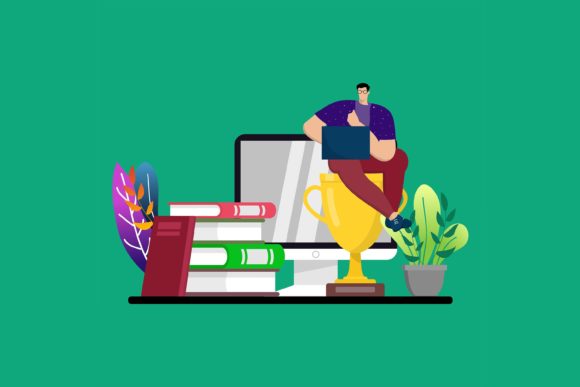 Flat Illustration Man Study with Laptop: A Modern Education Asset