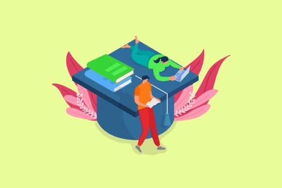 Man and Women Studying Education: A Modern Flat Illustration for Creative Projects